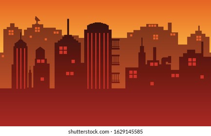 The city silhouette is at dusk with lots of buildings and a smoke