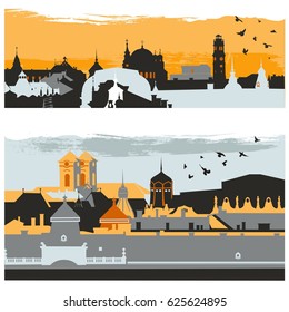 City silhouette of european town with classic buildings, towers and churches colorful vector illustration