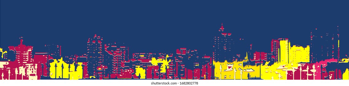 City silhouette in the evening in lights in blue-red-yellow colors