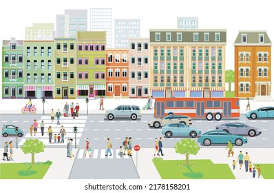 City silhouette with families on the crosswalk and road traffic, illustration