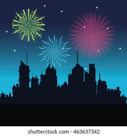 city silhouette firework celebration explosion icon. Colorfull and night background Vector graphic