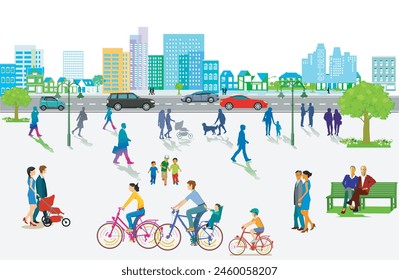 City silhouette with groups of people having leisure time in residential district, illustration