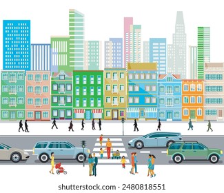 City silhouette with groups of people having leisure time in residential district, illustration