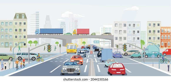 City silhouette with intersection in a city
and people on the sidewalk, illustration