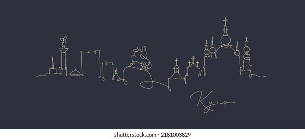 City silhouette Kyiv Ukraine in pen line style drawing with beige lines on dark blue background