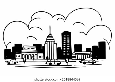 A city silhouette landscape captures the bold, striking outline of a bustling metropolis against the sky, often during sunset or sunrise. Towering skyscrapers, bridges, and historic buildings create a