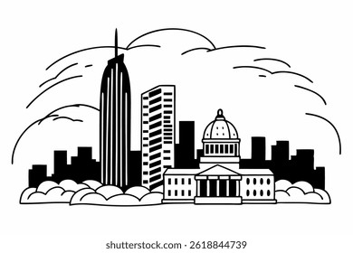 A city silhouette landscape captures the bold, striking outline of a bustling metropolis against the sky, often during sunset or sunrise. Towering skyscrapers, bridges, and historic buildings create a