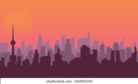 City silhouette landscape view in panorama style in the sunset time with the sun doen or sun set , Big city metropolis in minimal silhouette style for online website banner, wallpaper or background