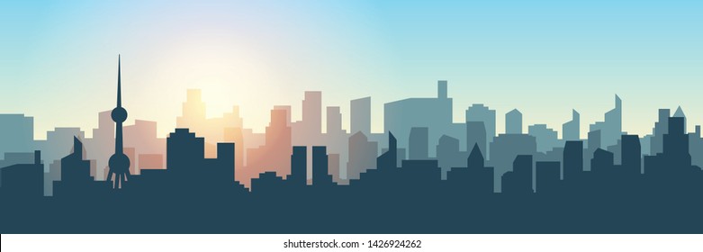 City silhouette landscape view in panorama style in the sunset time with the sun doen or sun set , Big city metropolis in minimal silhouette style for online website banner, wallpaper or background