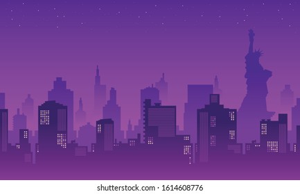 City Silhouette of Liberty Statue in the night