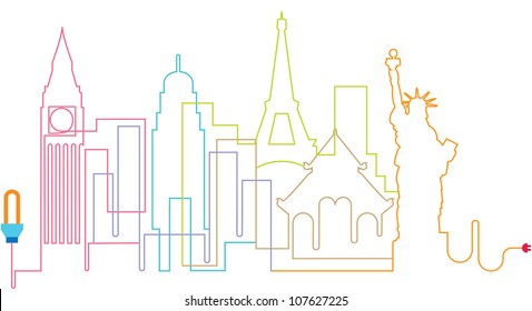 City silhouette line, abstract town, vector, illustration