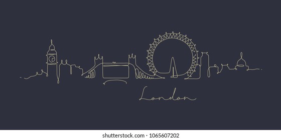 City silhouette london in pen line style drawing with beige on dark blue background