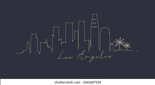 City silhouette los angeles in pen line style drawing with beige on dark blue background