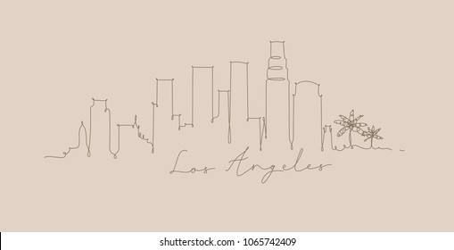 City silhouette los angeles in pen line style drawing with brown on beige background