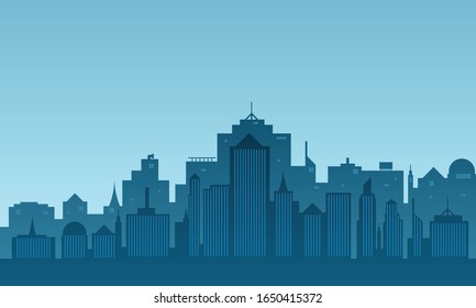 City silhouette with many tall buildings in the morning