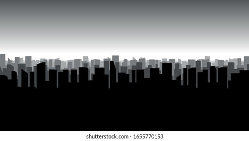 City silhouette. Metropolis with high-rise buildings and skyscrapers in a row. Urban landscape in a flat style on a gradient background. Black and white illustration, Wide horizontal format, vector