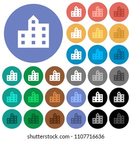 City silhouette multi colored flat icons on round backgrounds. Included white, light and dark icon variations for hover and active status effects, and bonus shades on black backgounds.