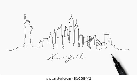 City silhouette new york in pen line style drawing with black on white background