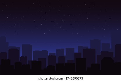 City silhouette night. Dark blue cityscape skyline. Urban view, buildings in the fog. Starry night sky and street panorama. Modern city and stars for poster, banner. Vector illustration.
