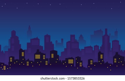 City Silhouette at night with many stars in the sky