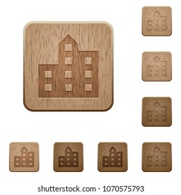 City silhouette on rounded square carved wooden button styles