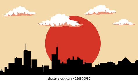 Silueta de ciudad, sol naranja
 ilustración vectorial