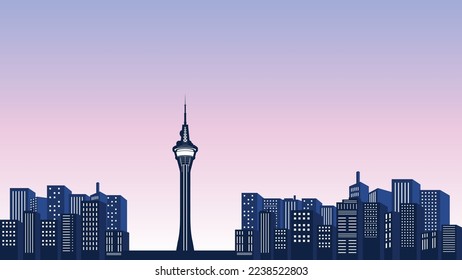 City silhouette panorama with many tall buildings and macau tower