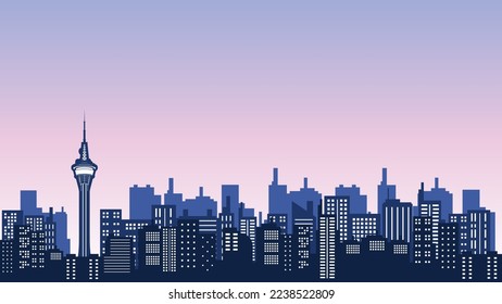 City silhouette panorama with many tall buildings and shopping centers around the macau tower