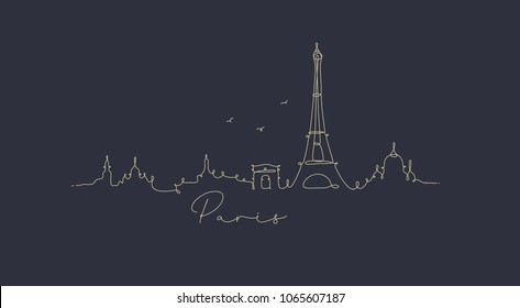 City silhouette paris in pen line style drawing with beige on dark blue background