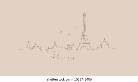 City silhouette paris in pen line style drawing with brown on beige background