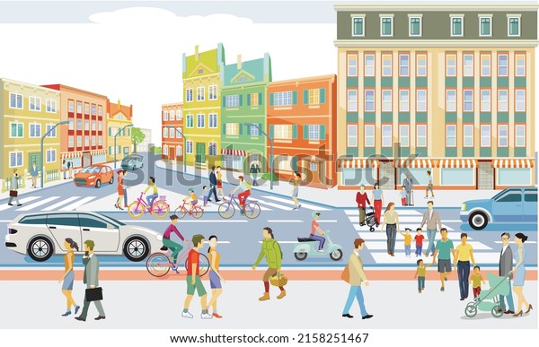 City silhouette with pedestrians and cars in\
residential district,\
illustration