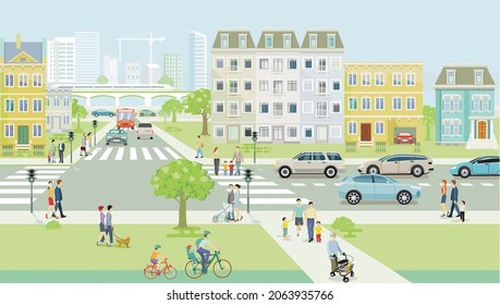 City silhouette with pedestrians on the crosswalk and public transport and people on the sidewalk, illustration