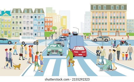 City silhouette with pedestrians on the crosswalk and traffic, illustration