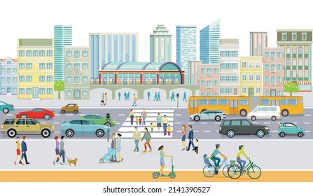 Silhouette de ciudad con peatones en el paso de cebra y transporte público y ciclistas, ilustración