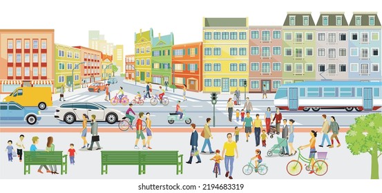 City silhouette with pedestrians in residential district, illustration