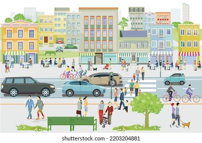 City silhouette with pedestrians in residential district, illustration