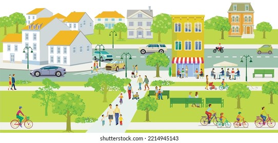 City silhouette with pedestrians in residential district, illustration