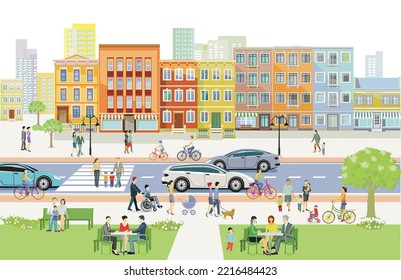 City silhouette with pedestrians in residential district with city park, illustration