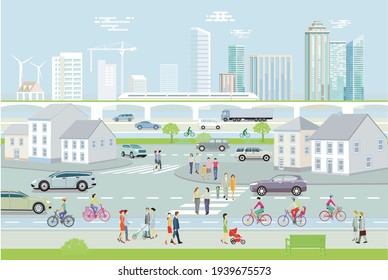 City silhouette with pedestrians and road traffic, illustration