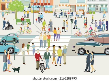 City silhouette with pedestrians and traffic in residential district, illustration