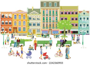 City silhouette with people at leisure in residential district, illustration