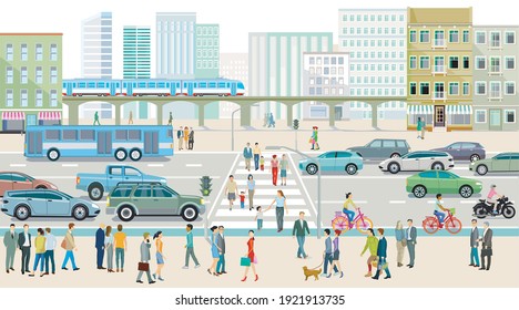 City silhouette with people on the sidewalk and road traffic, illustration