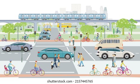 City silhouette with people on the sidewalk and elevated train, road traffic, illustration