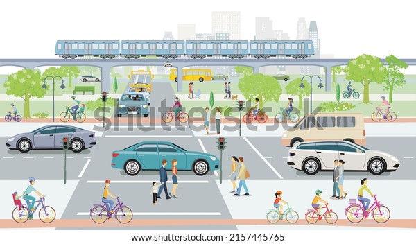 City silhouette with people on the\
sidewalk and elevated train, road traffic,\
illustration