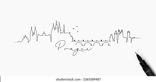 City silhouette prague in pen line style drawing with black on white background