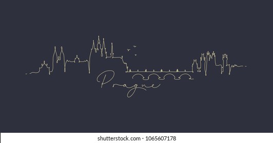 City silhouette prague in pen line style drawing with beige on dark blue background