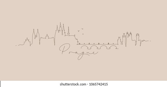 City silhouette prague in pen line style drawing with brown on beige background