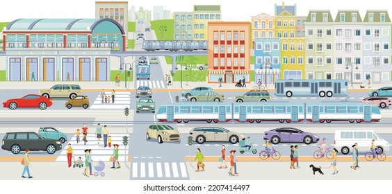 City silhouette with public transport and pedestrians in residential district, illustration