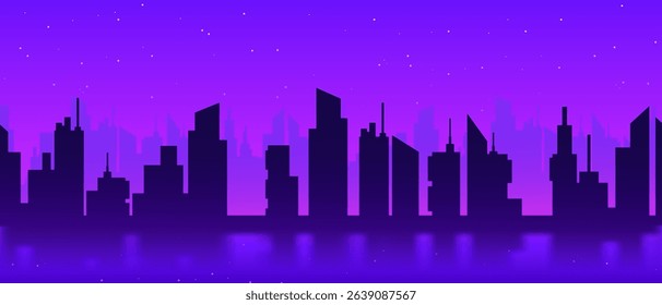 City silhouette in purple night with stars and reflection, creating a calm and serene atmosphere.