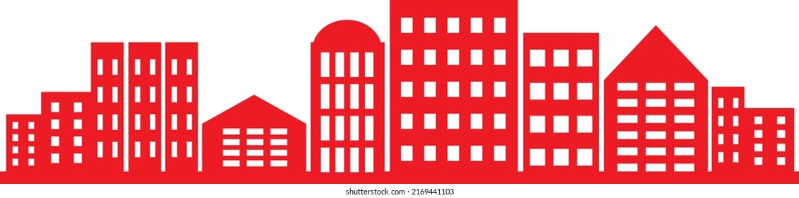 City silhouette. Red buildings with apartments. Real estate banner. Vector background.
